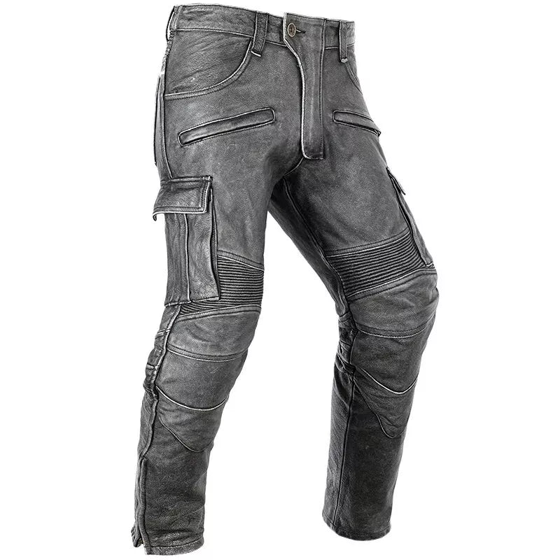 Men's Real Distressed Leather Bikers Pants Cargo Pockets & Pleated Panels Pants