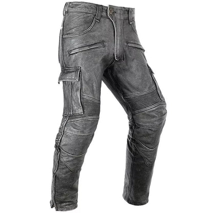 Men's Real Distressed Leather Bikers Pants Cargo Pockets & Pleated Panels Pants