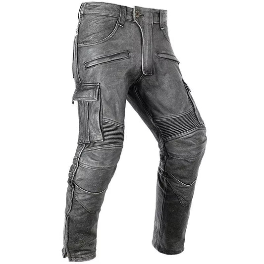 Men's Real Distressed Leather Bikers Pants Cargo Pockets & Pleated Panels Pants