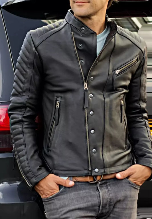 Men's Real Leather Quilted Panels Bikers Jacket Thick Leather Bikers Jacket