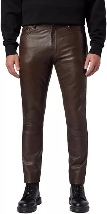Men's Real Vintage Cognac Leather Bikers 5 Pockets Pants Leather Bikers Pants