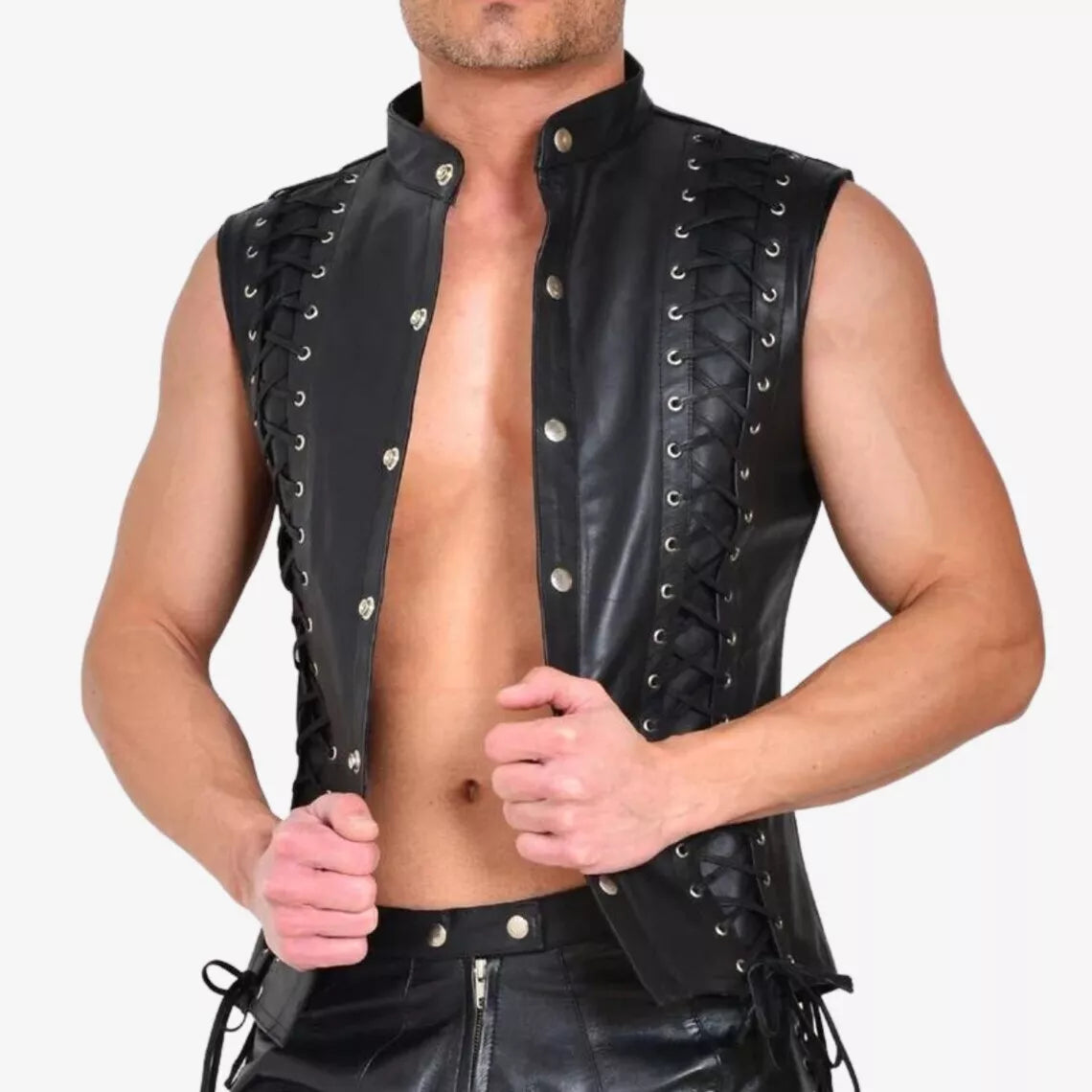 MEN'S REAL COWHIDE LEATHER BIKERS VEST FRONT & BACK LACES STYLE BIKERS VEST