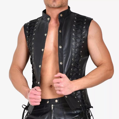 MEN'S REAL COWHIDE LEATHER BIKERS VEST FRONT & BACK LACES STYLE BIKERS VEST