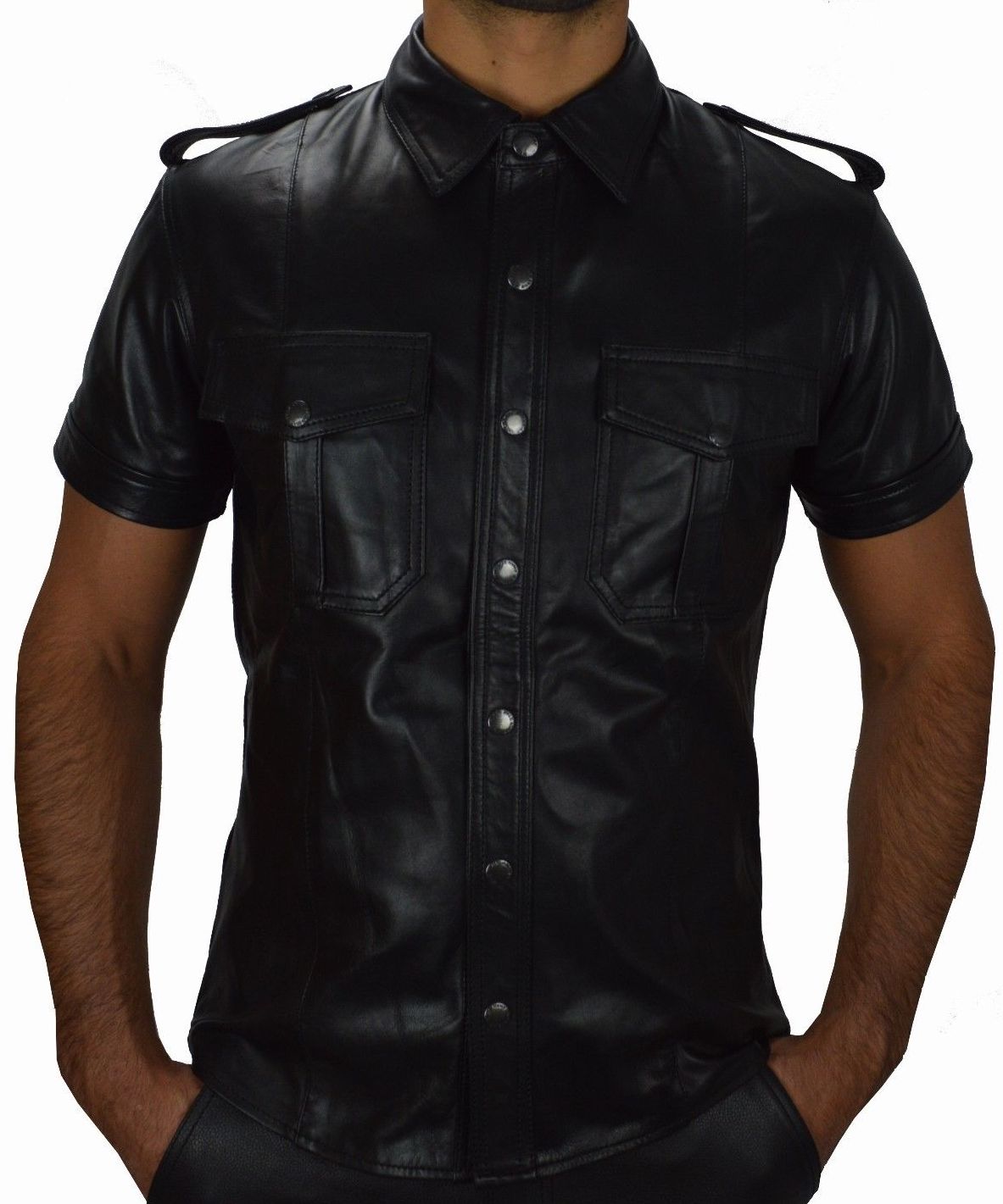 Men's Lamb Leather Shirt Police Shirt with Chest Pockets and Shoulder Straps
