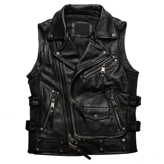 MEN'S REAL COW LEATHER BIKERS VEST WITH QUILTED & STRECHABLE PANELS BIKERS VEST