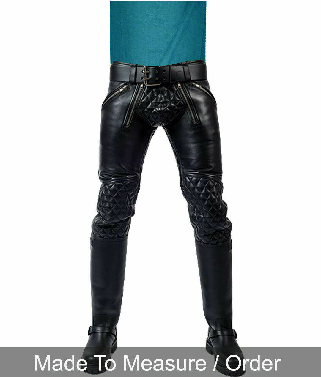 Men’s Real Cowhide Leather Quilted Panels Carpenter Pants Bikers BLUF Pants