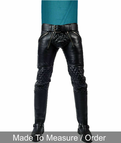 Men’s Real Cowhide Leather Quilted Panels Carpenter Pants Bikers BLUF Pants