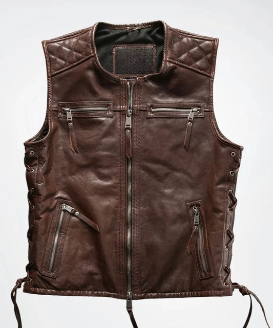 MEN'S REAL COWHIDE LEATHER BIKERS VEST WITH QUILTED PANELS & SIDE LACES VEST