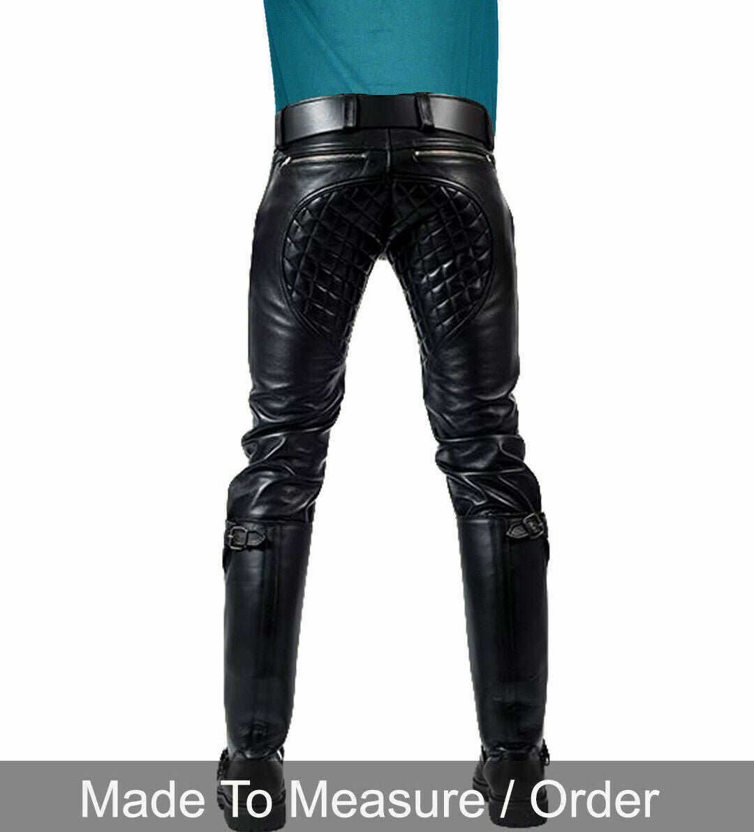 Men’s Real Cowhide Leather Quilted Panels Carpenter Pants Bikers BLUF Pants