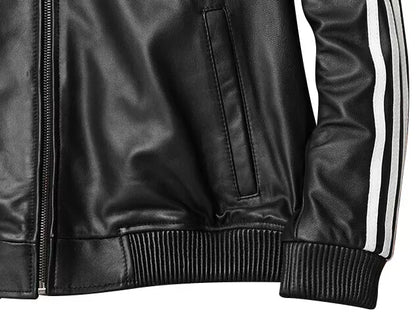 Men's Real Lamb Leather Bomber Jacket Stretchable Collar ,Cuffs & Waist & White Leather Stripes: