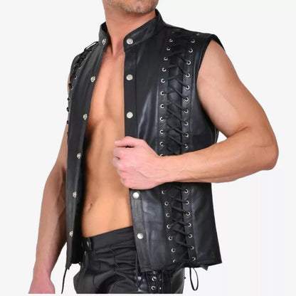 MEN'S REAL COWHIDE LEATHER BIKERS VEST FRONT & BACK LACES STYLE BIKERS VEST