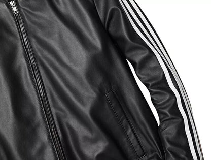 Men's Real Lamb Leather Bomber Jacket Stretchable Collar ,Cuffs & Waist & White Leather Stripes: