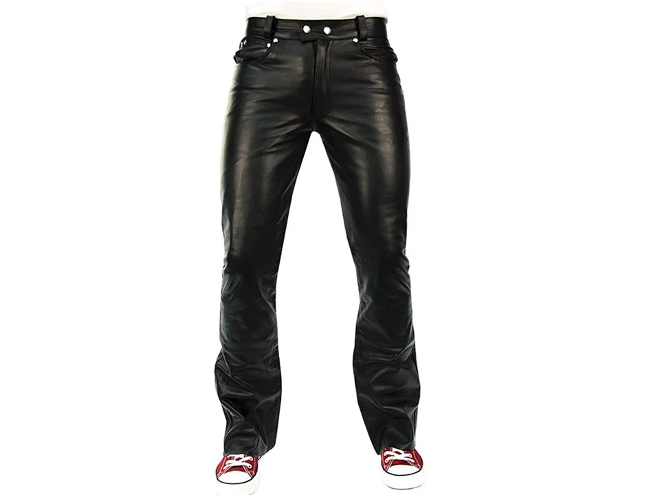 Men's Real Cowhide Leather Bootcut 5 Pockets Pants Bootcut Leather Bikers Pants