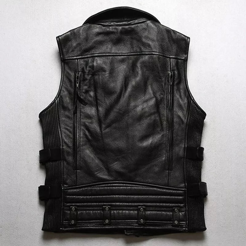 MEN'S REAL COW LEATHER BIKERS VEST WITH QUILTED & STRECHABLE PANELS BIKERS VEST