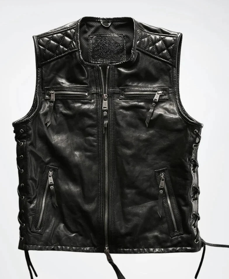 MEN'S REAL COWHIDE LEATHER BIKERS VEST WITH QUILTED PANELS & SIDE LACES VEST