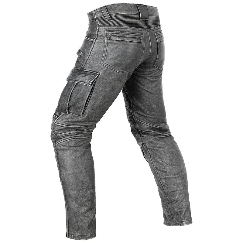 Men's Real Distressed Leather Bikers Pants Cargo Pockets & Pleated Panels Pants