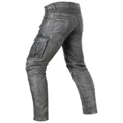Men's Real Distressed Leather Bikers Pants Cargo Pockets & Pleated Panels Pants