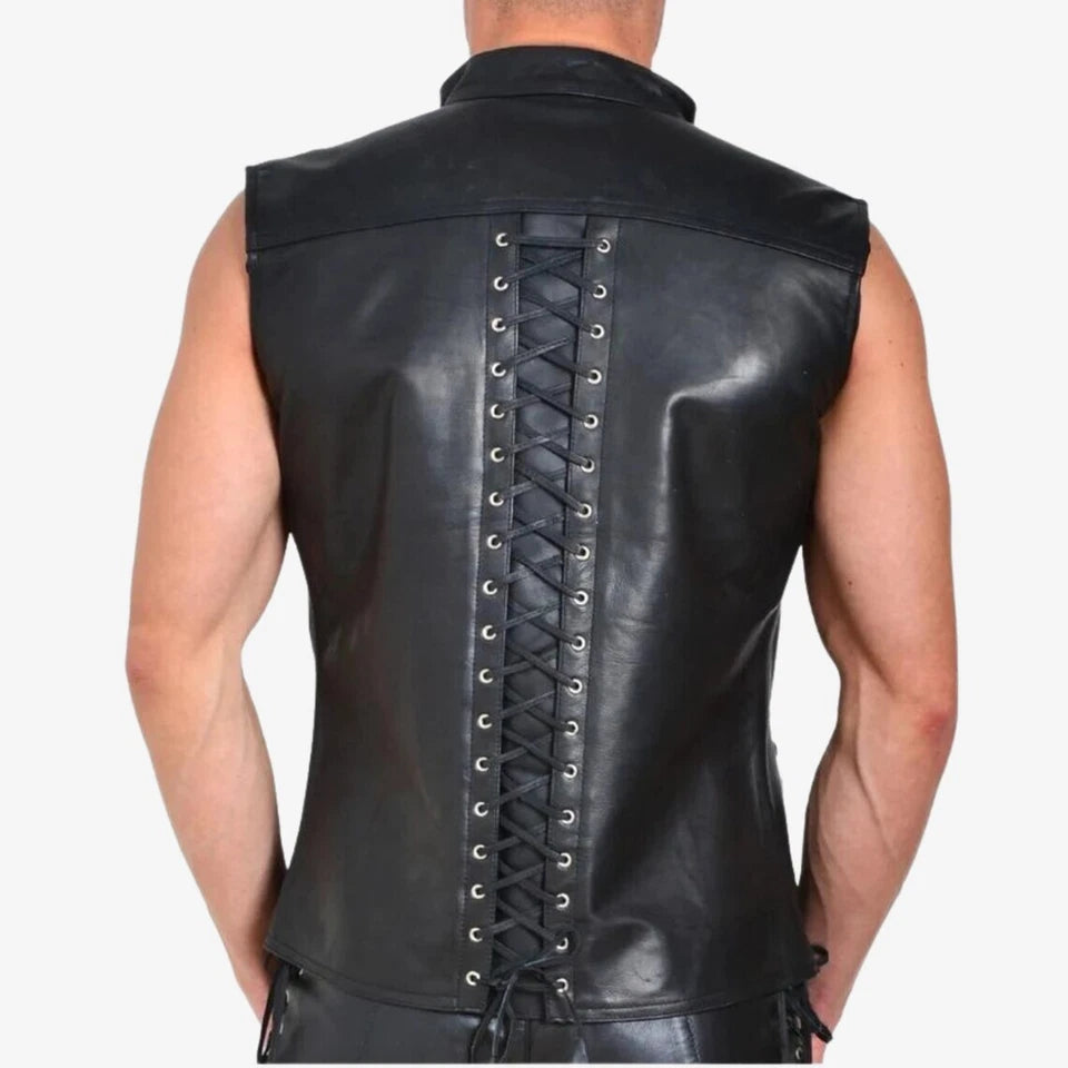 MEN'S REAL COWHIDE LEATHER BIKERS VEST FRONT & BACK LACES STYLE BIKERS VEST