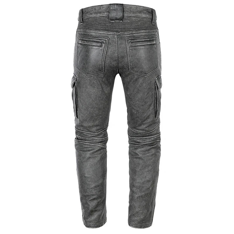 Men's Real Distressed Leather Bikers Pants Cargo Pockets & Pleated Panels Pants