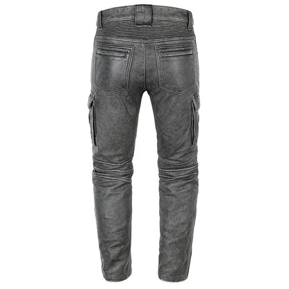 Men's Real Distressed Leather Bikers Pants Cargo Pockets & Pleated Panels Pants