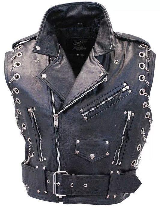 Men's Real Leather Bikers Vest Brando Vest With Metal Chains Bikers Leather Vest