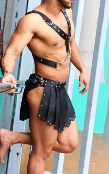 Men's Real Leather Gladiator Kilt Clubwear Costume