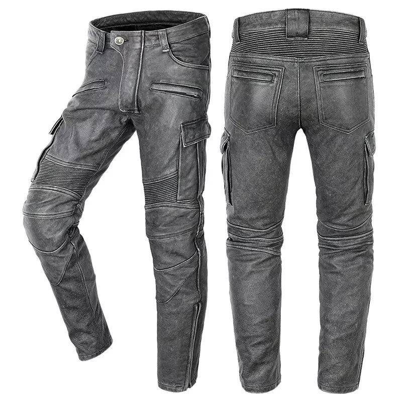 Men's Real Distressed Leather Bikers Pants Cargo Pockets & Pleated Panels Pants