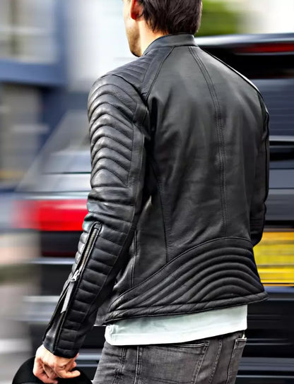 Men's Real Leather Quilted Panels Bikers Jacket Thick Leather Bikers Jacket