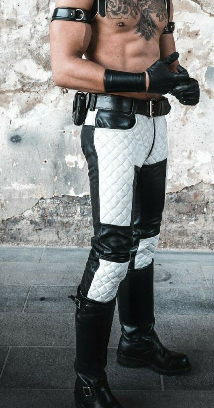 Men Real Leather Bikers Pants Black & White Quilted Panels Bikers Pants