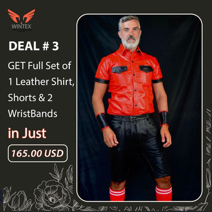 Complete Set – Men’s Real Cow Skin Leather Shirt, Shorts & Wristbands
