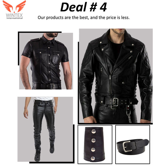 Exclusive Deal – Men’s BLUF Police Style Costume Including Leather Jacket, Pant, Shirt, Wristbands & Belt