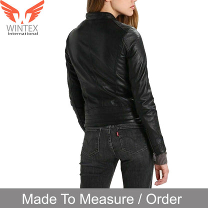 Women’s Real Lamb Leather Bikers Zip Jacket – Quilted Panels Bikers Leather Jacket